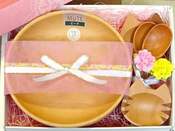 結婚祝いギフトセット-3B（キャット豆皿×2 中華レンゲ×2）（深皿×2 ピンク箱入）籐芸 木製食器 ギフト箱入 無料ラッピング ペアセット/食器セット